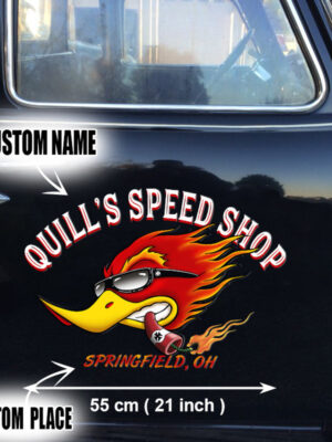 Personalized Speed Shop Hot Rod Woodpecker Vinyl Stickers