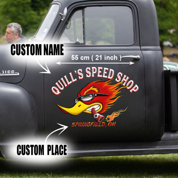 Personalized Speed Shop Hot Rod Woodpecker Vinyl Stickers - Image 2