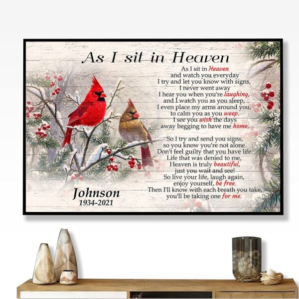 Cardinal As I Sit In Heaven Inspirational Canvas Vintage Wall Decor Personalized