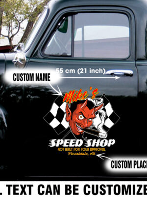 Personalized Speed Shop Red Devil Door Art Sticker Set 2 Pcs