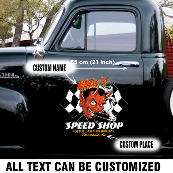 Personalized Speed Shop Red Devil Door Art Sticker Set 2 Pcs