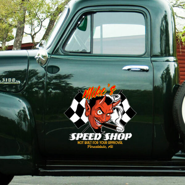 Personalized Speed Shop Red Devil Door Art Sticker Set 2 Pcs - Image 2