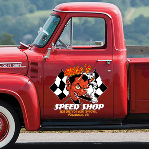 Personalized Speed Shop Red Devil Door Art Sticker Set 2 Pcs - Image 3