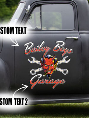 Red Devil Hot Rod Garage Pinstripe Door Art Vinyl Decals For Truck Set 2 Pcs
