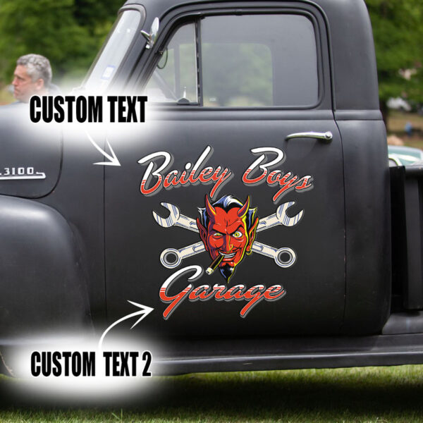 Red Devil Hot Rod Garage Pinstripe Door Art Vinyl Decals For Truck Set 2 Pcs