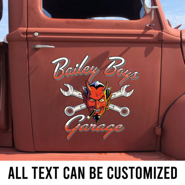 Red Devil Hot Rod Garage Pinstripe Door Art Vinyl Decals For Truck Set 2 Pcs - Image 3